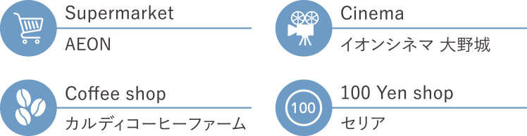 Supermarket AEON  / Cinema イオンシネマ 大野城 / Coffee shopカルディコーヒーファーム / 100 Yen shopセリア